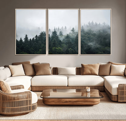 A misty evergreen forest shrouded in soft fog, creating a tranquil and moody landscape with lush green trees fading into the distance.