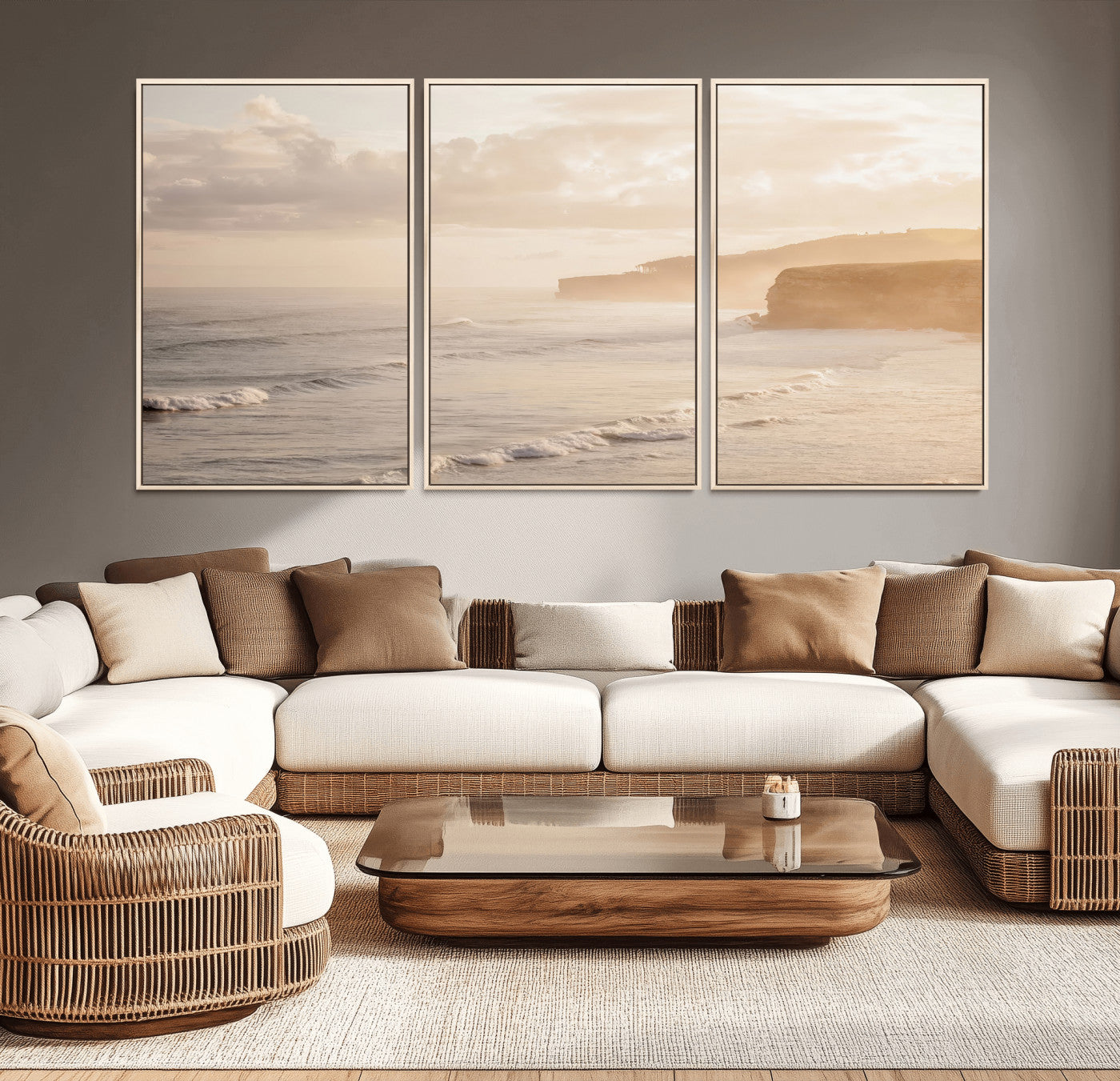 Golden hour seascape with misty cliffs and gentle waves rolling towards the shore, capturing a tranquil and warm coastal atmosphere.
