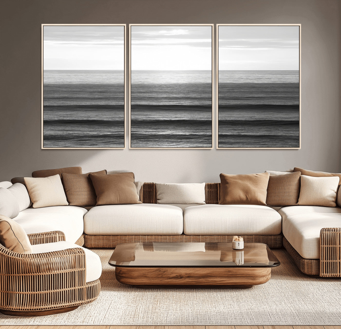 Minimalist black and white ocean view with layered waves reflecting sunlight, evoking a sense of calm and coastal serenity.