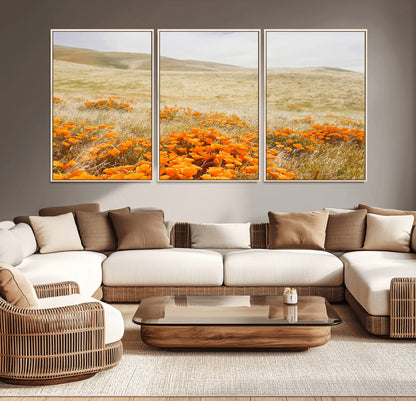 A golden field with vibrant orange poppies blooming across rolling hills under a soft, sunlit sky, creating a warm and rustic landscape.