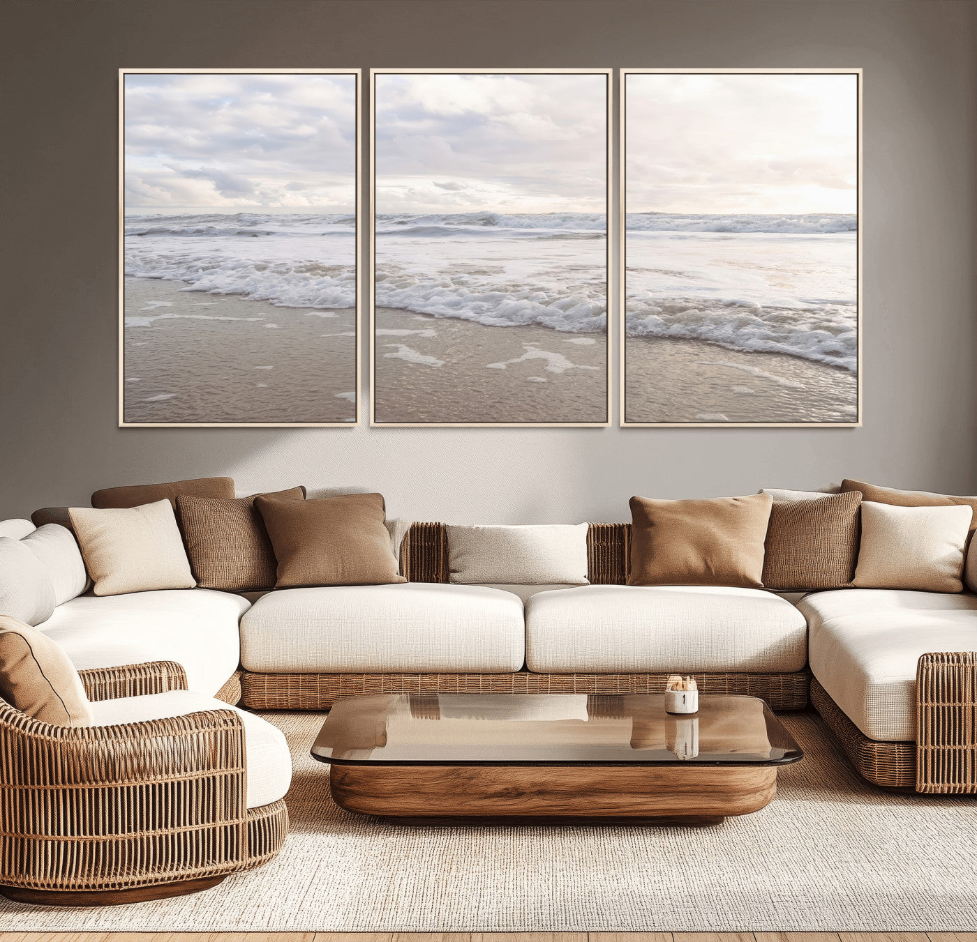 Peaceful ocean waves rolling onto the sandy shore under soft light, perfect for neutral or coastal minimalist decor themes.