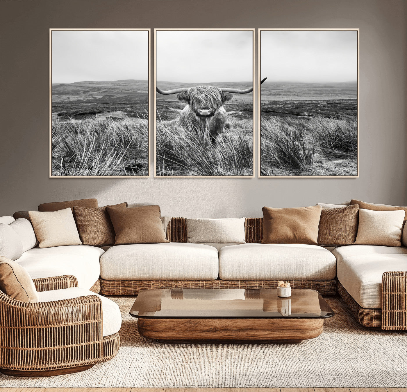 A black and white portrait of a Highland cow in a foggy Scottish countryside, capturing a rustic aesthetic and tranquil farm escape.