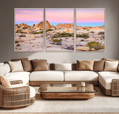 A breathtaking desert landscape featuring rugged rock formations under a vibrant pastel sunset sky, capturing the warmth and serenity of a Southwestern wilderness.