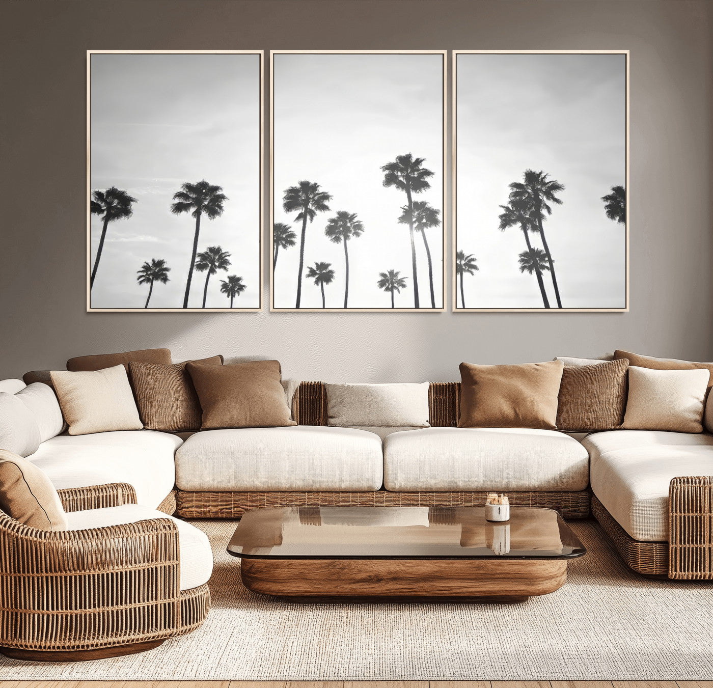 A black and white minimalist scene featuring tall palm trees silhouetted against a bright sky, creating a dreamy and timeless tropical aesthetic.