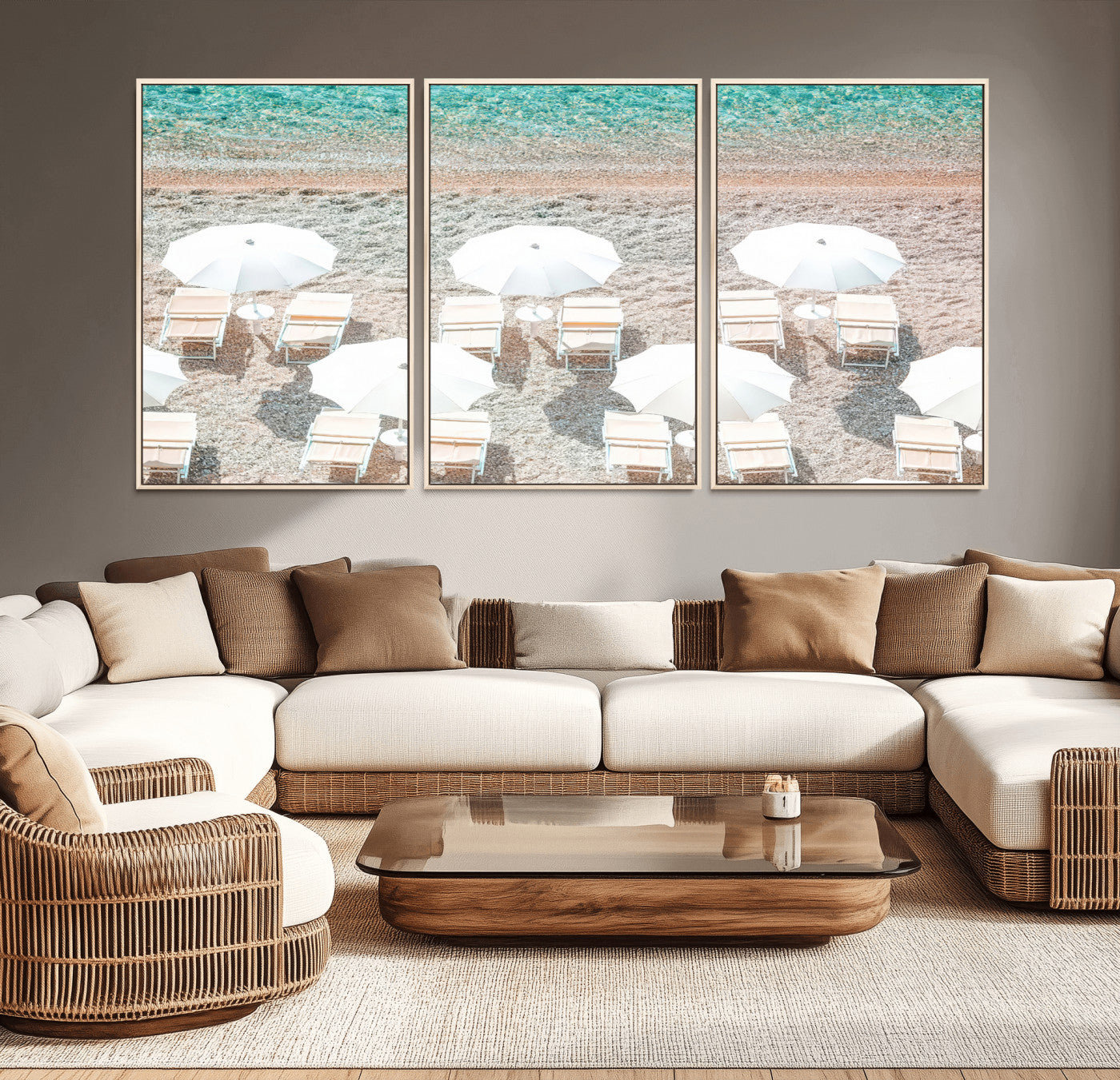 A bright beach scene with white umbrellas, pastel sand, and turquoise waters, creating a tranquil coastal vibe, perfect for beach house or summer decor.