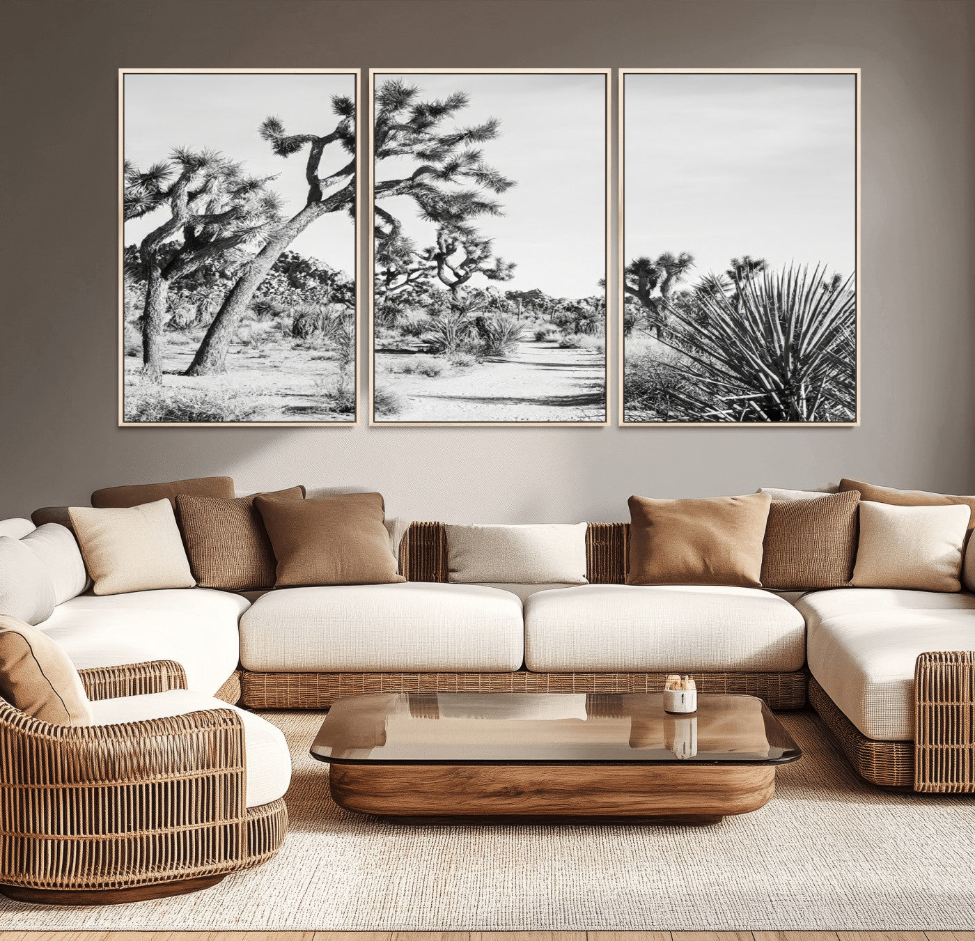 Canvas of a Joshua Tree forest in black and white tones, featuring a desert path and spiky vegetation, ideal for minimalist or rustic decor.