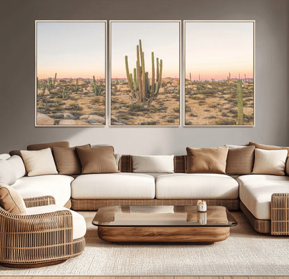 Canvas of tall desert cacti in warm sunset tones over a rocky Baja landscape, ideal for earthy or Southwestern-style home decor.