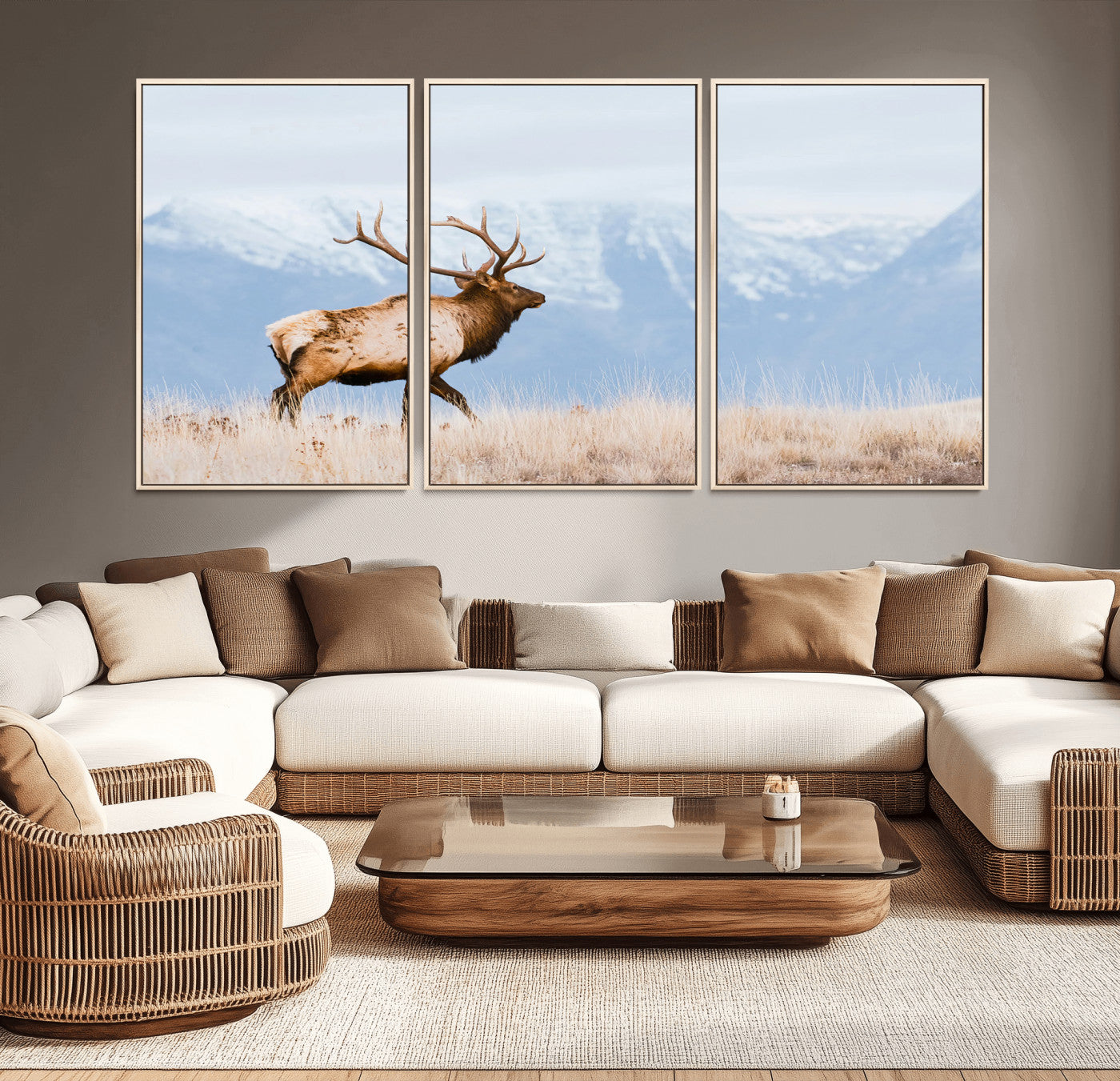 An elk walking on snowy grassland with majestic mountains in the background, ideal for rustic lodge or cabin wall decor.