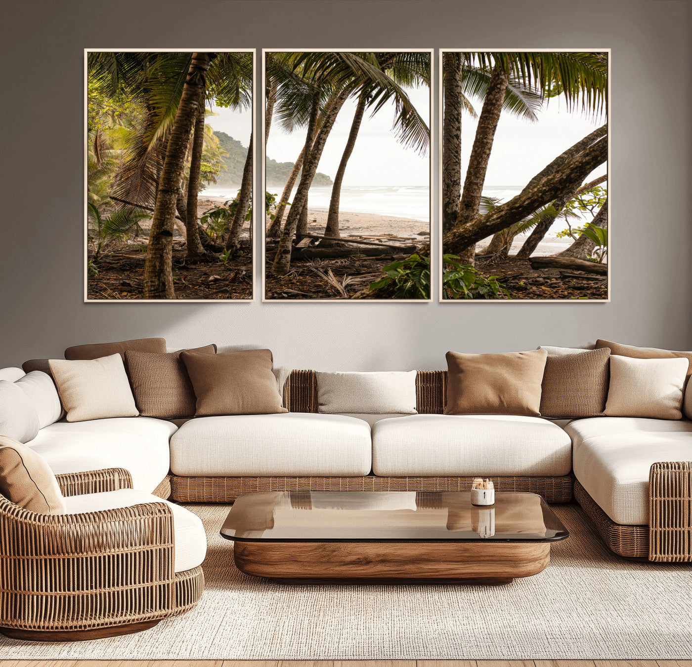 Dense tropical palm trees framing a sandy beach and ocean shore, ideal for jungle or coastal themed interior wall decor.