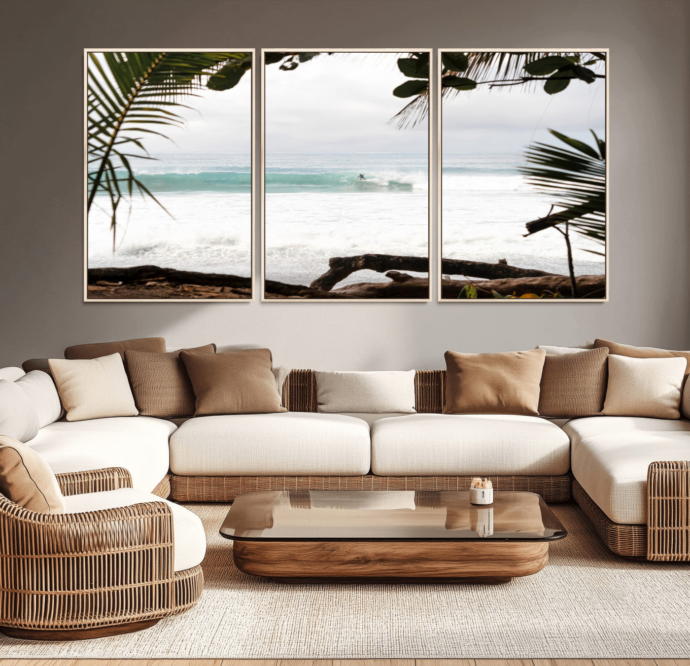Tropical beach view with palm trees and surfer riding a wave, perfect for boho or coastal-inspired interior wall decor.