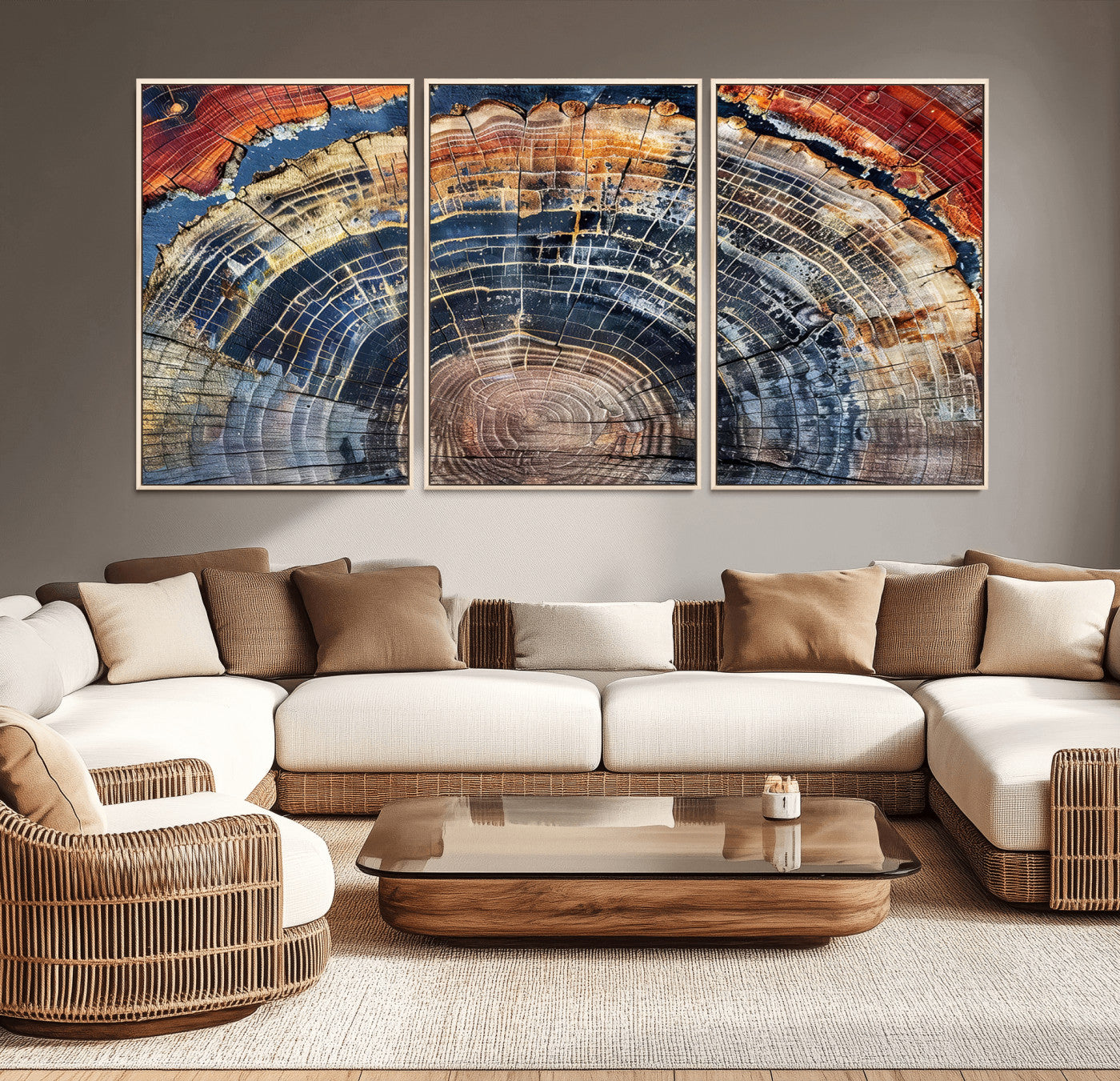 Vibrant tree ring with orange, brown, and blue tones in abstract detail, perfect for rustic or boho-inspired wall decor.