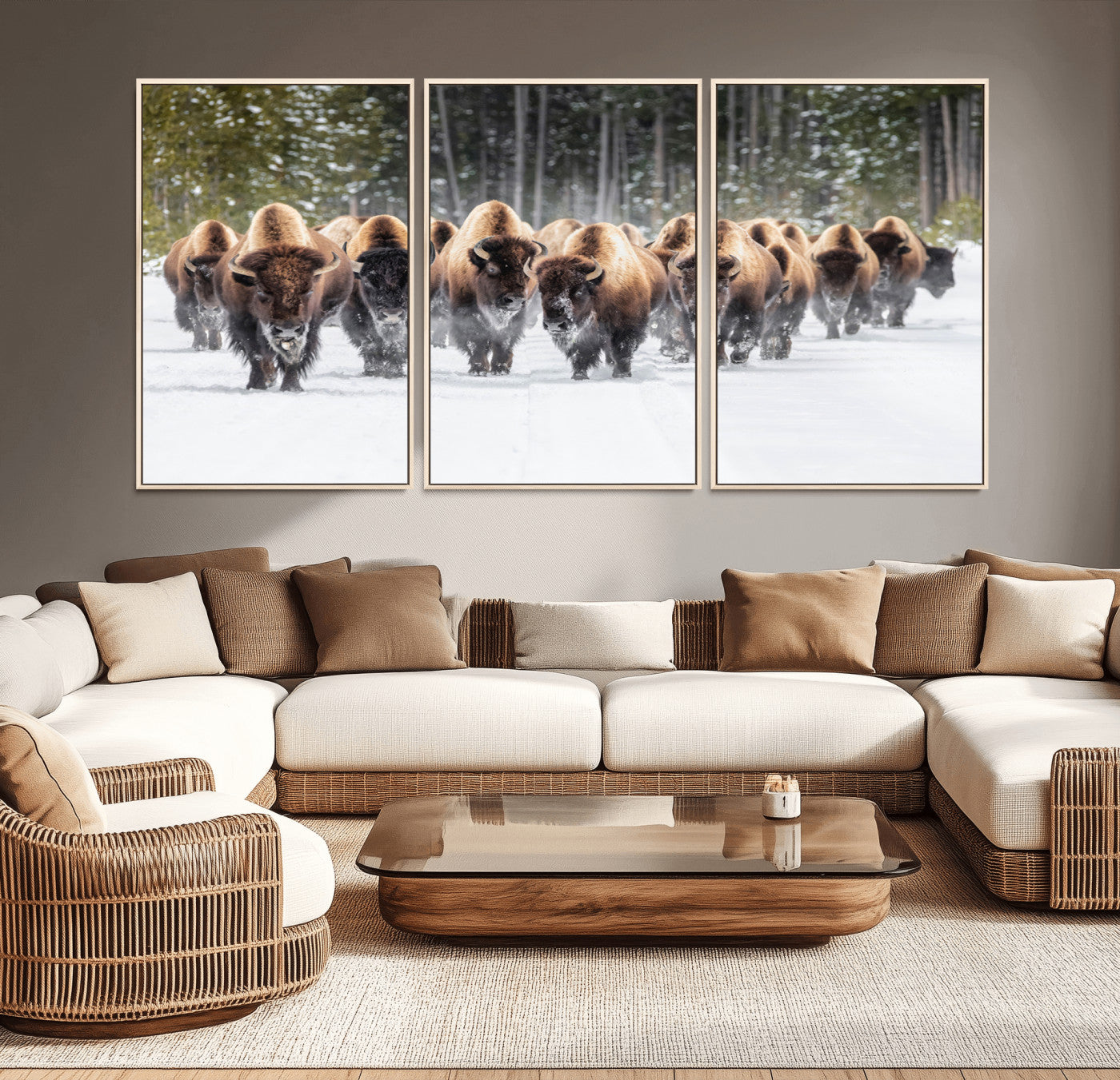 A herd of American bisons walking through a snowy forest path, perfect for rustic cabin or Western-themed wall decor.
