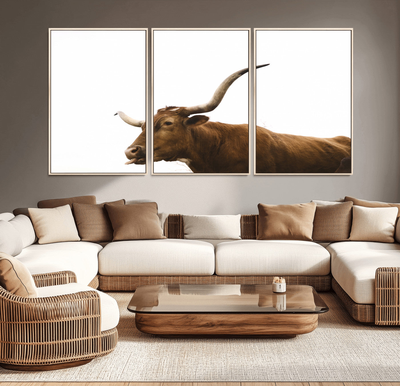 Minimal photo of a longhorn cow with white background, ideal for rustic, western or farmhouse-style interior decor.