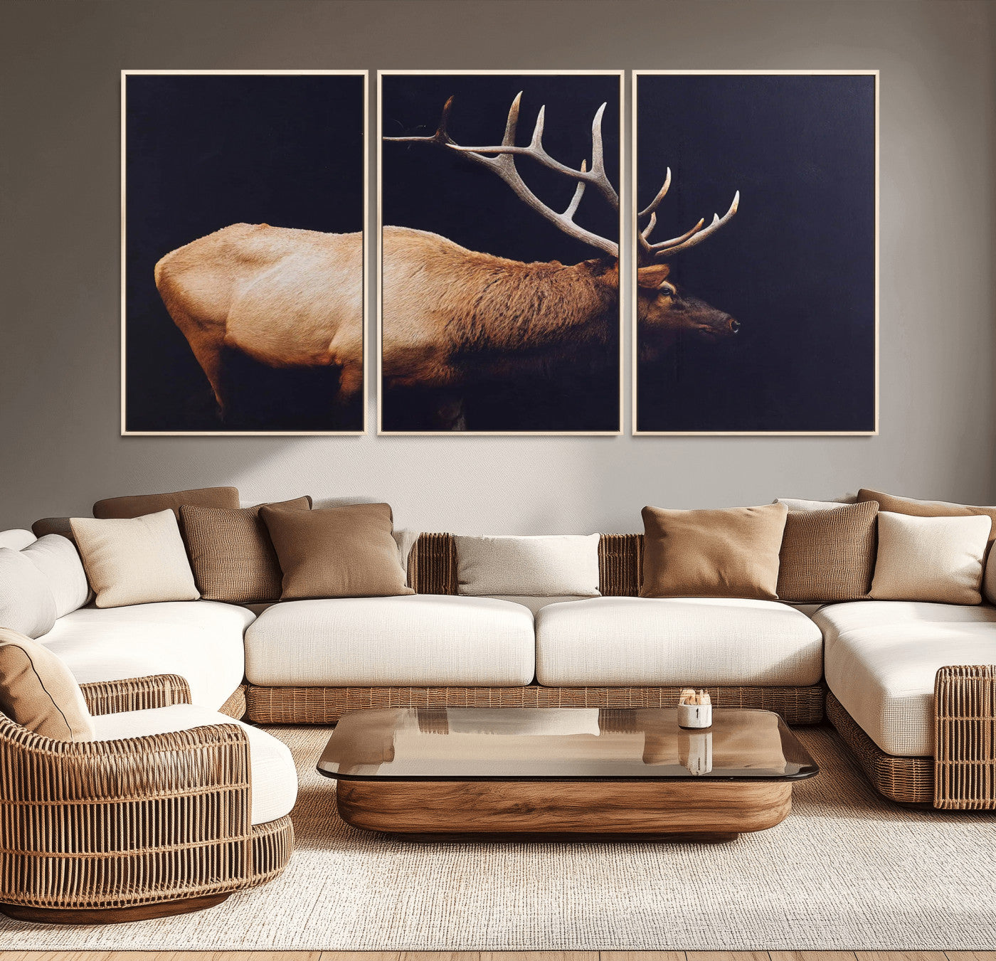 Side view of a majestic elk with large antlers against dark background, perfect for rustic lodge or cabin style home decoration.