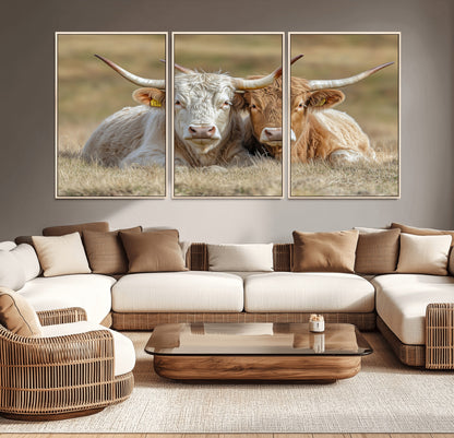 Two cows laying closely in a dry grassy field, captured in soft light, perfect for rustic farmhouse or western style home decor.