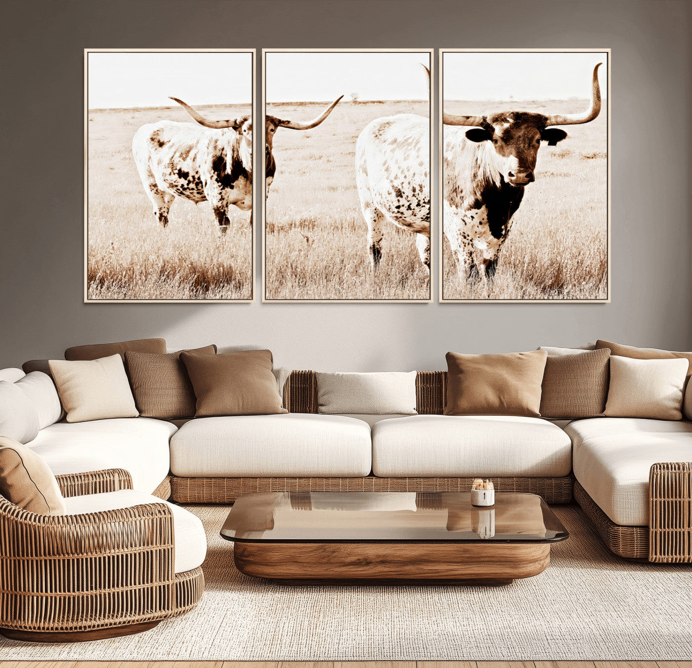 Two Texas longhorn cows standing in a sepia-toned pasture, evoking rustic charm perfect for farmhouse or western country interiors. (