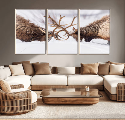 Two elk clashing antlers in a snowy forest, capturing raw power and wild energy, ideal for rustic cabin or lodge-style decor.