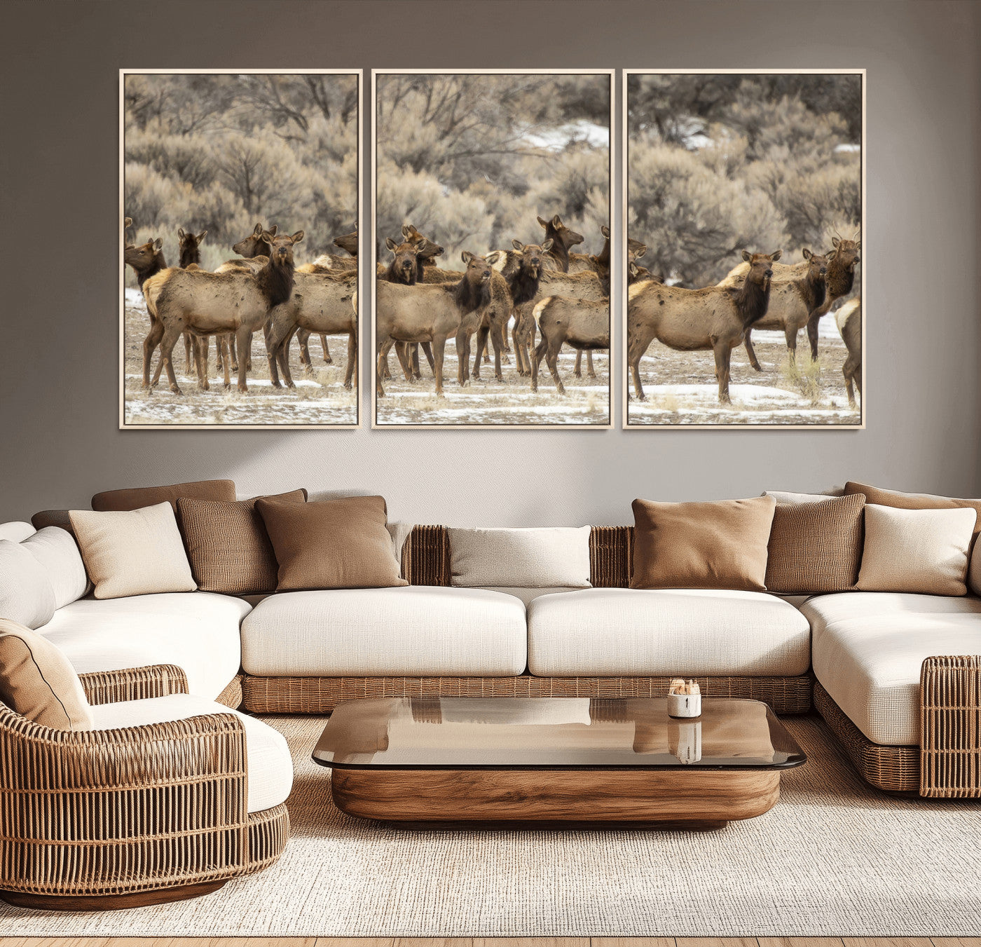 A large herd of elk standing in an open field with soft earthy tones, ideal for rustic lodge or western-themed home wall decor.