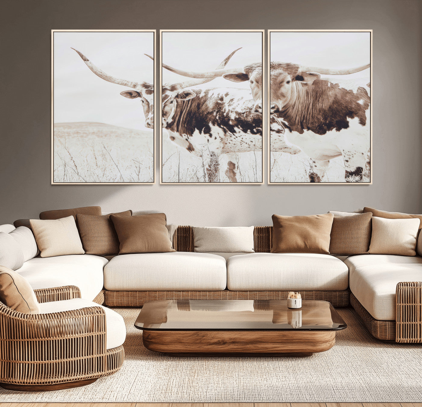 Two longhorn cows standing in a sepia-toned pasture with soft light, ideal for rustic or farmhouse-themed neutral wall decor.