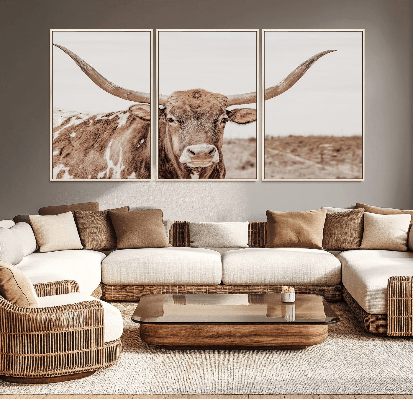 A longhorn cow in soft beige desert tones, standing calmly in open land, perfect for neutral western or rustic farmhouse interiors.