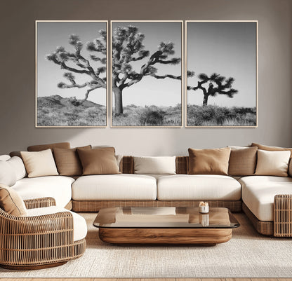 Black and white Joshua trees in a rugged desert landscape, creating a calm and minimalist feel for natural or rustic-themed interiors.
