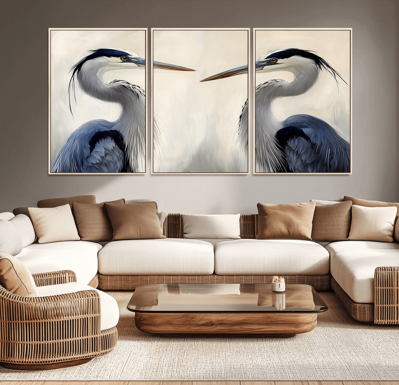 Two blue herons facing each other on a soft neutral background, ideal for coastal, tranquil, or nature-inspired minimalist interiors.