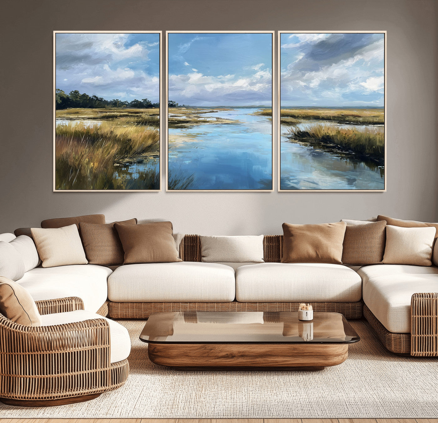 A beautiful, painterly landscape of a calm river winding through a marsh, with vibrant green grasses and a bright blue sky filled with fluffy clouds.