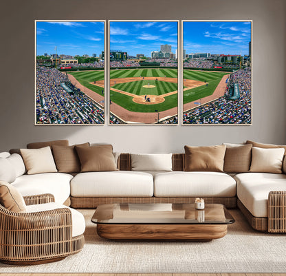 Wrigley Field Baseball Stadium Canvas Wall Art, Packed Crowd Sports Stadium Print, City Skyline Baseball Field Canvas for Game Room Decor