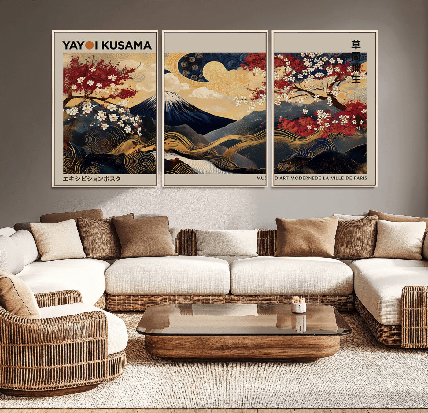 Yayoi Kusama's artwork featuring Mount Fuji, blooming cherry trees, and intricate swirls, blending traditional Japanese elements with vibrant color.