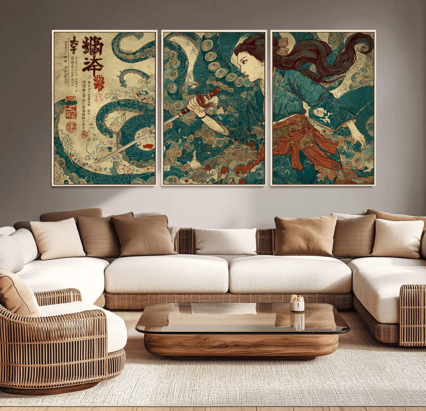 Tsukioka Yoshitoshi Samurai Wall Art Print, Japanese Katana Warrior Canvas Wall Art, Octopus Sea Monster Canvas Print,