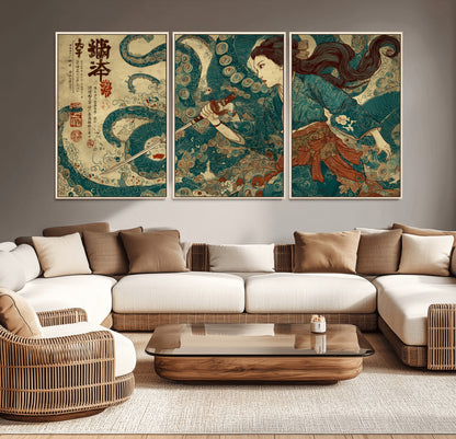 Tsukioka Yoshitoshi Samurai Wall Art Print, Japanese Katana Warrior Canvas Wall Art, Octopus Sea Monster Canvas Print,