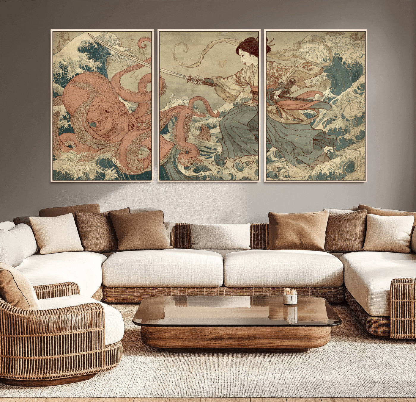 Tsukioka Yoshitoshi Samurai Wall Art Print, Japanese Katana Warrior Canvas Wall Art, Octopus Sea Monster Canvas Print,