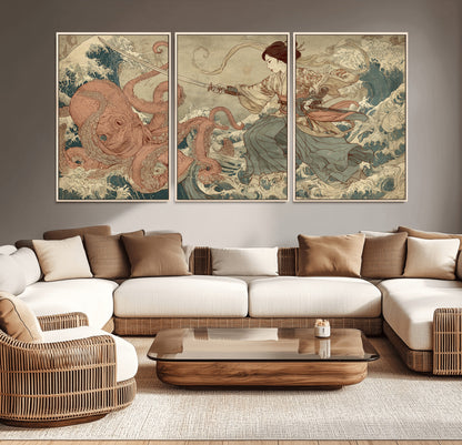 Tsukioka Yoshitoshi Samurai Wall Art Print, Japanese Katana Warrior Canvas Wall Art, Octopus Sea Monster Canvas Print,