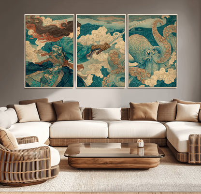 Tsukioka Yoshitoshi Samurai Wall Art Print, Japanese Katana Warrior Canvas Wall Art, Octopus Sea Monster Canvas Print,