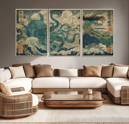 Tsukioka Yoshitoshi Samurai Wall Art Print, Japanese Katana Warrior Canvas Wall Art, Octopus Sea Monster Canvas Print,