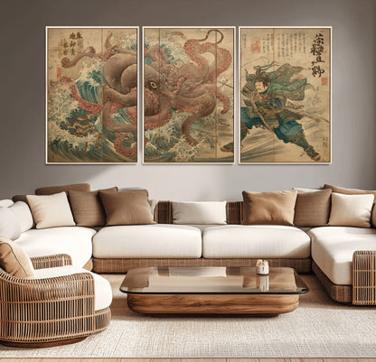 Tsukioka Yoshitoshi Samurai Wall Art Print, Japanese Katana Warrior Canvas Wall Art, Octopus Sea Monster Canvas Print,
