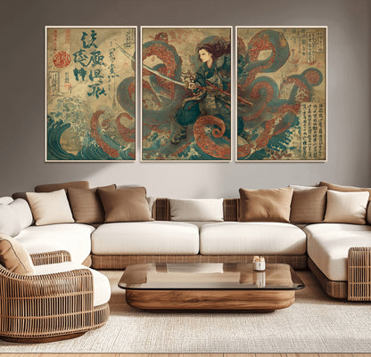 Tsukioka Yoshitoshi Samurai Wall Art Print, Japanese Katana Warrior Canvas Wall Art, Octopus Sea Monster Canvas Print,