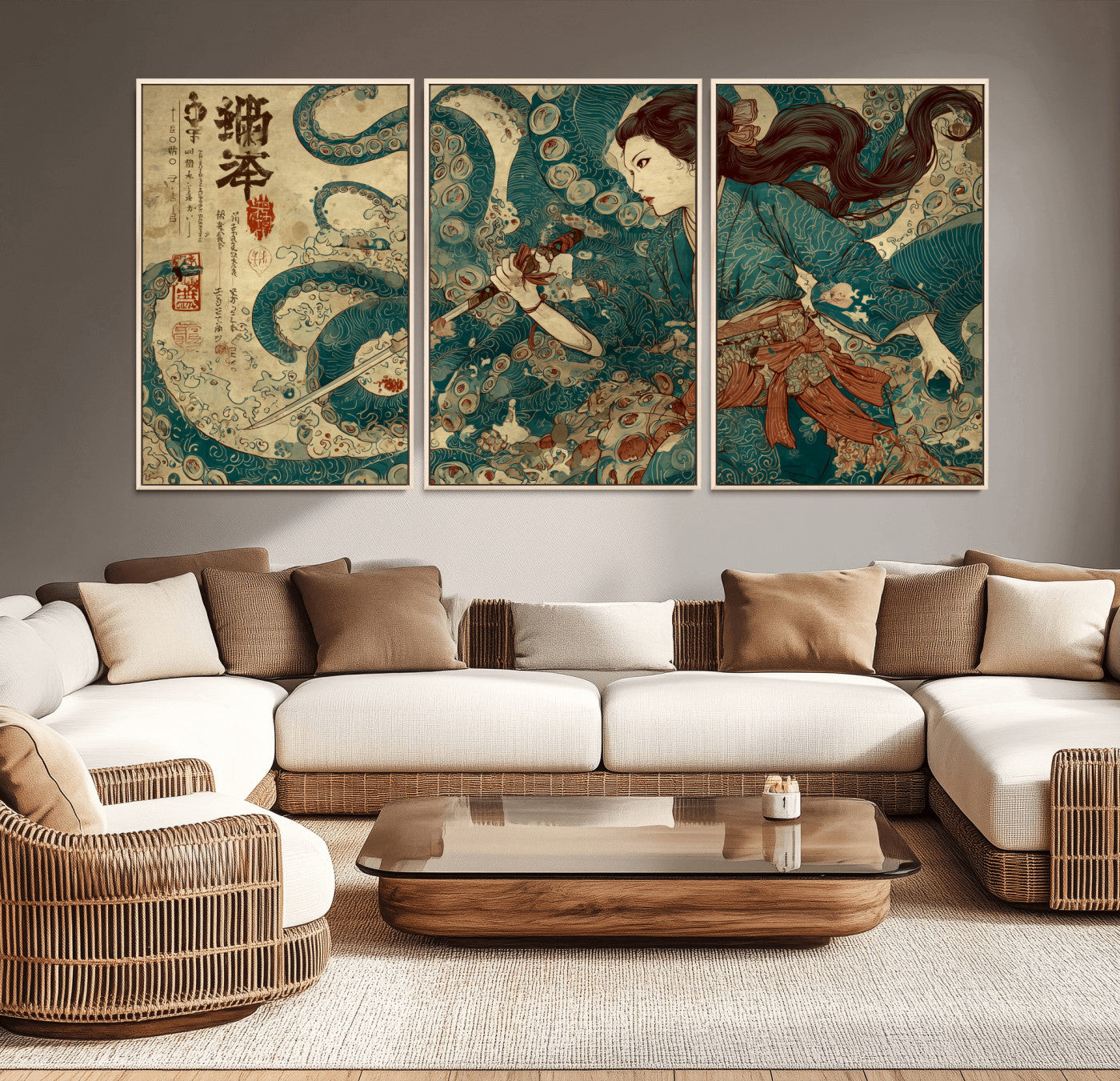 Tsukioka Yoshitoshi Samurai Wall Art Print, Japanese Katana Warrior Canvas Wall Art, Octopus Sea Monster Canvas Print,