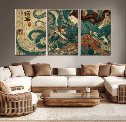 Tsukioka Yoshitoshi Samurai Wall Art Print, Japanese Katana Warrior Canvas Wall Art, Octopus Sea Monster Canvas Print,