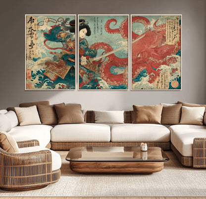 Tsukioka Yoshitoshi Samurai Wall Art Print, Japanese Katana Warrior Canvas Wall Art, Octopus Sea Monster Canvas Print,