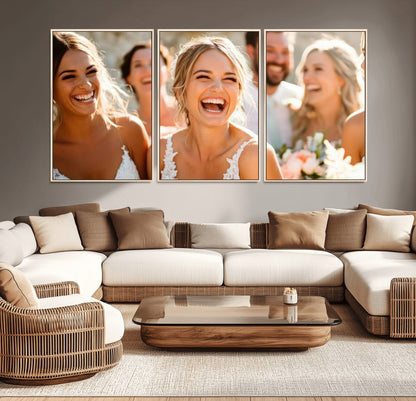 MGV-FC-60X30-3P - Joyful Wedding Wall Art – Laughing Bride and Bridesmaids Canvas Print, Romantic Celebration Photography Decor for Bedroom, Living Room, or Wedding Gift