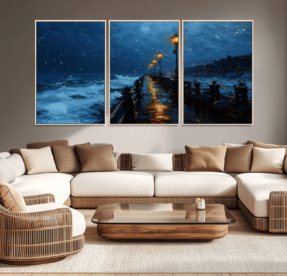 "Impressionistic painting of a rainy pier at night with glowing street lamps reflecting on the wet surface, ocean waves crashing under a dark blue sky."