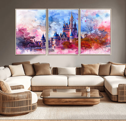 Watercolor canvas of a dreamy Disney-style castle in pastel pink and blue tones, perfect for fairytale or whimsical home decor.