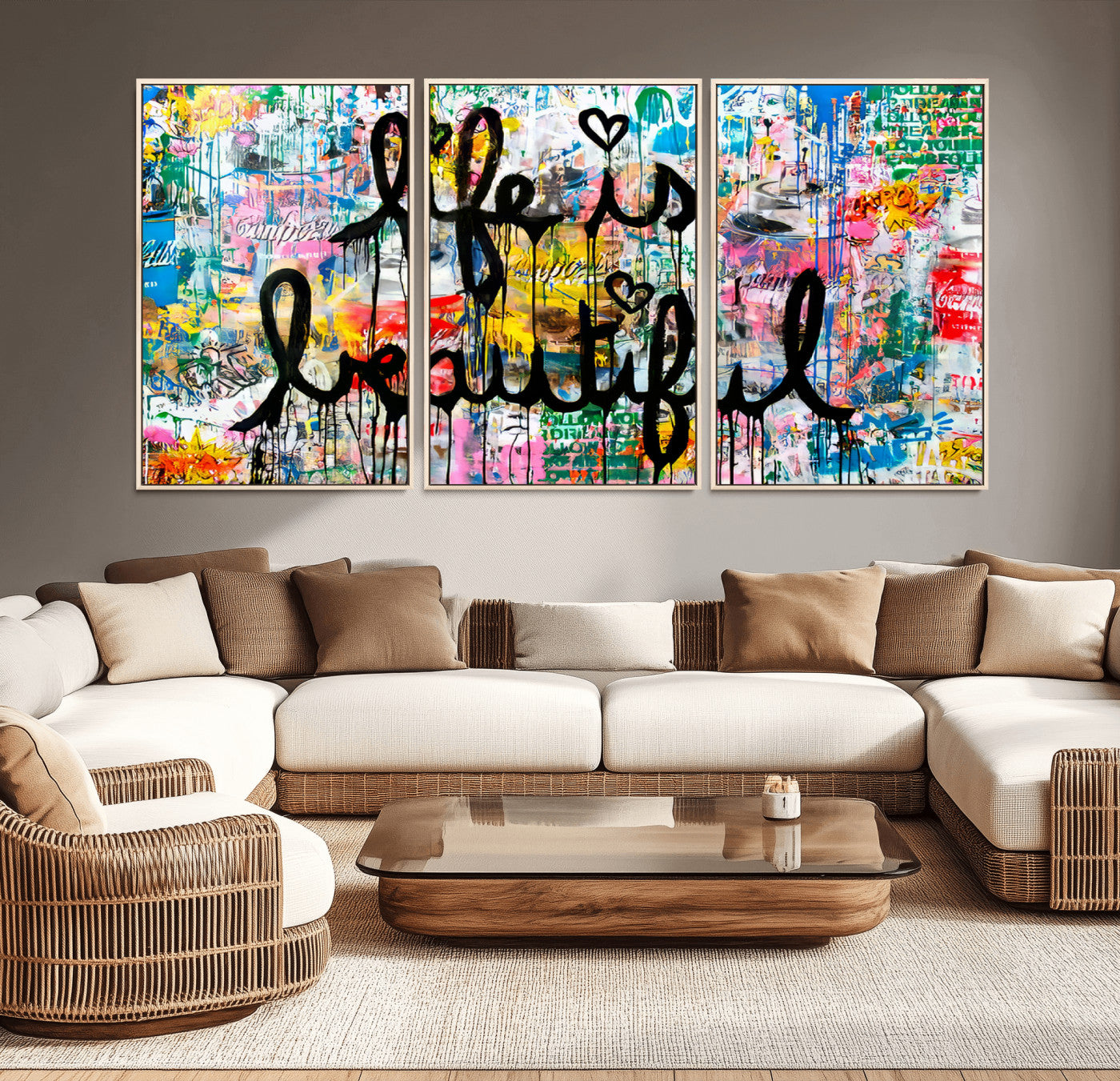 Colorful urban-style canvas with graffiti text “Life is Beautiful” in black paint, ideal for bold or street-themed home decor.