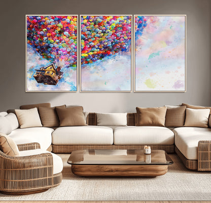 Whimsical canvas of the house from the movie Up flying with colorful balloons, ideal for Pixar or animation-themed decor.