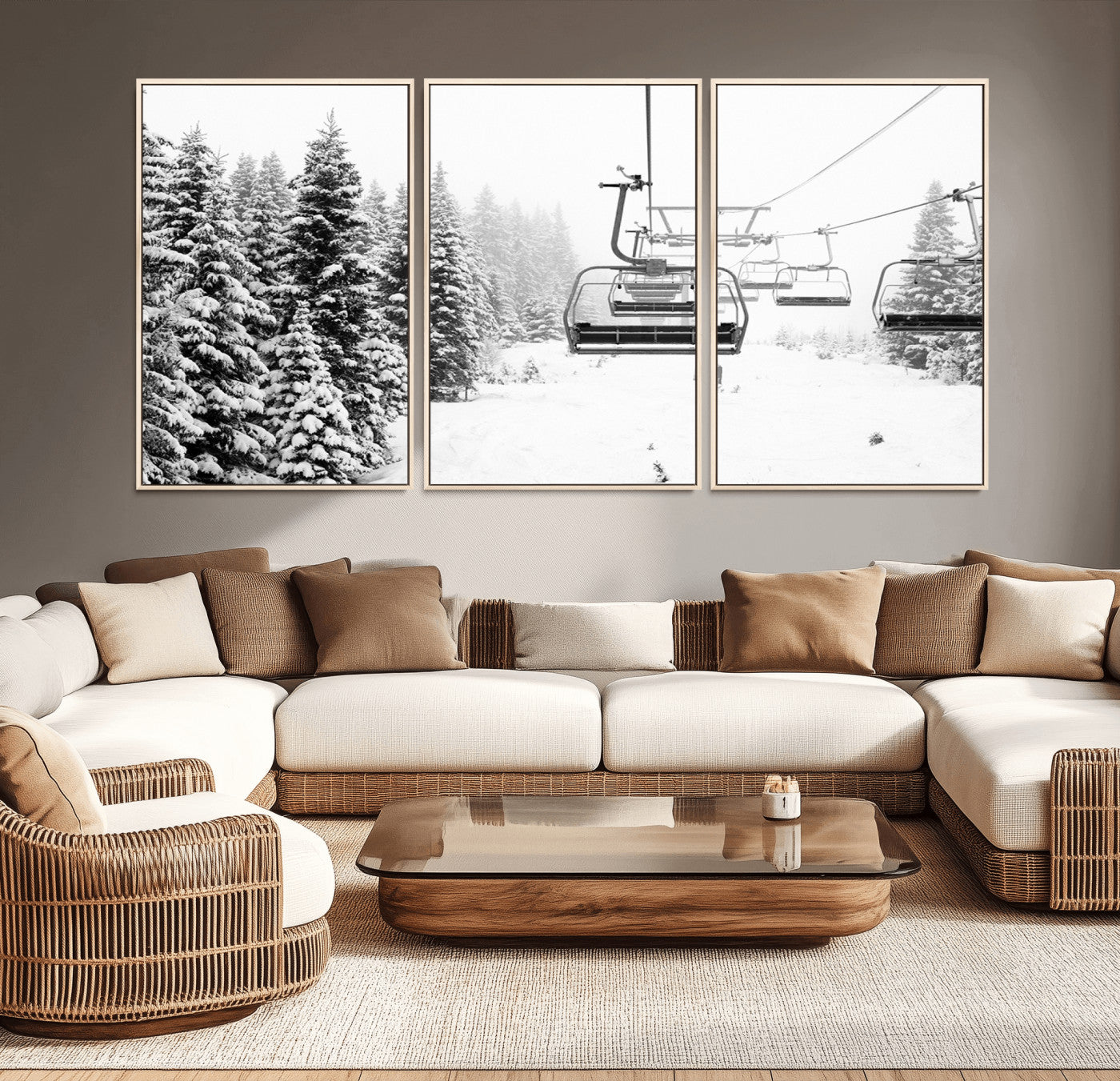 Black and white canvas of empty ski lifts over a snowy pine forest, perfect for minimal winter or ski lodge-inspired decor.