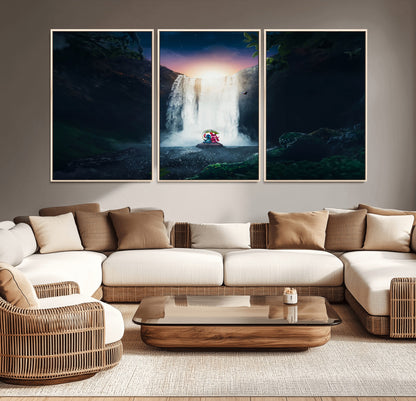 Romantic scene of Stitch and Angel sitting under a leaf in front of a glowing waterfall, ideal for tropical or fantasy-themed decor.