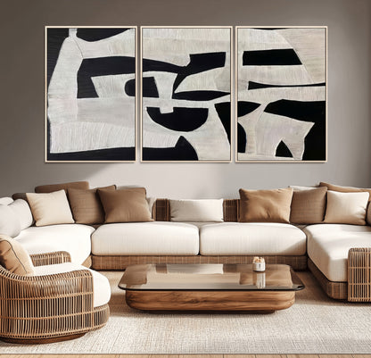 Minimalist black and white canvas featuring bold abstract textures and geometric shapes, ideal for modern neutral decor.