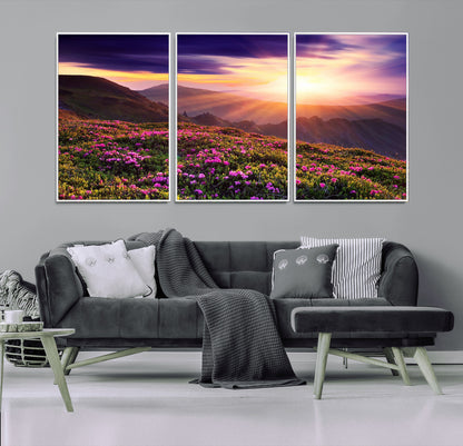 -Mountain Sunrise Wall Art – Vibrant Floral Landscape Canvas Print, Nature Home Decor for Living Room, Bedroom Office or Cabin