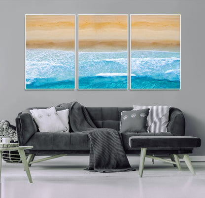 -Aerial Beach Wall Art – Serene Ocean Waves & Sandy Shore Canvas Print, Coastal Home Decor for Living Room, Bedroom or Office